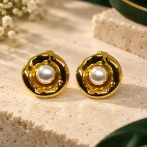 Mira anti-tarnish gold pearl stud earrings with sculpted round design