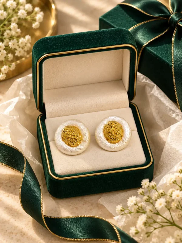 Ivory and gold statement stud earrings in green jewellery box with ribbon and flowers
