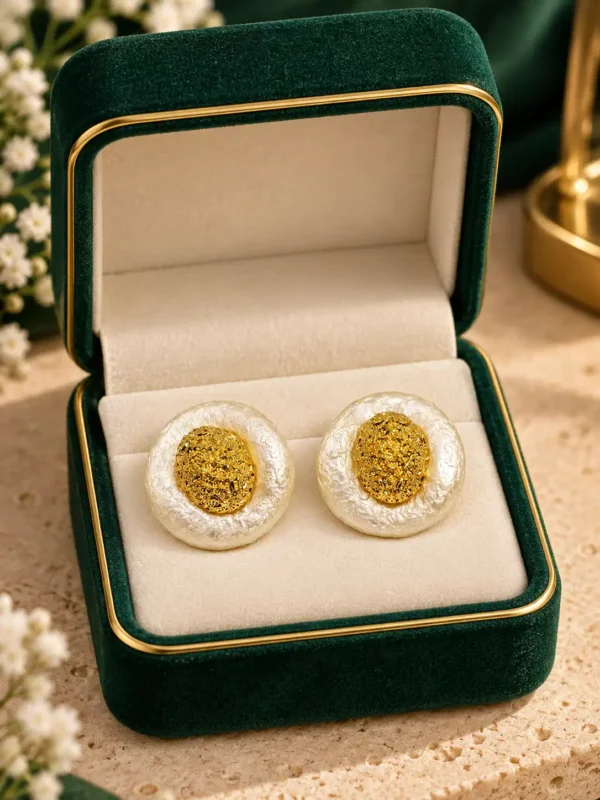 Ivory Halo gold and ivory statement stud earrings displayed in a green jewellery box