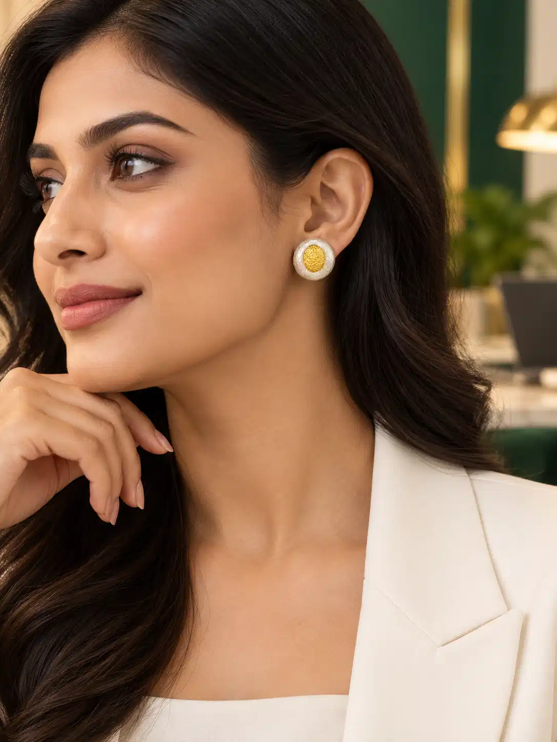 Woman wearing Ivory Halo ivory and gold statement stud earrings with a white blazer