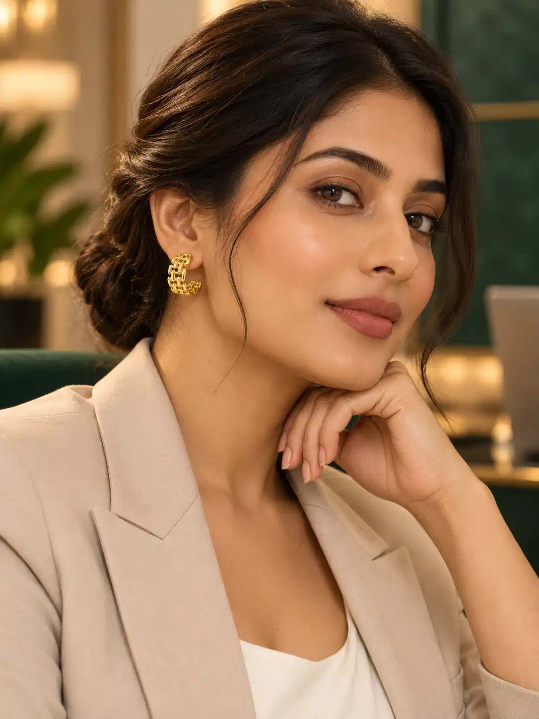 Woman wearing Aurelia woven gold hoop earrings with a beige blazer for office wear
