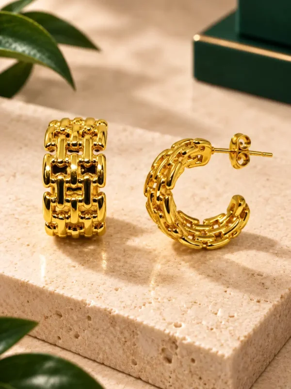 Side and front view of Aurelia woven link gold hoops showing post and butterfly closure
