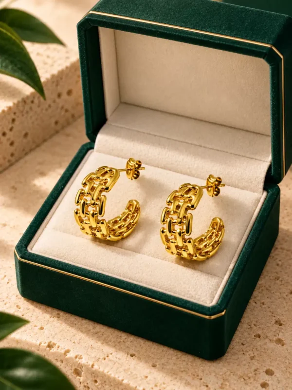 Aurelia woven gold hoop earrings displayed inside a green velvet jewellery box