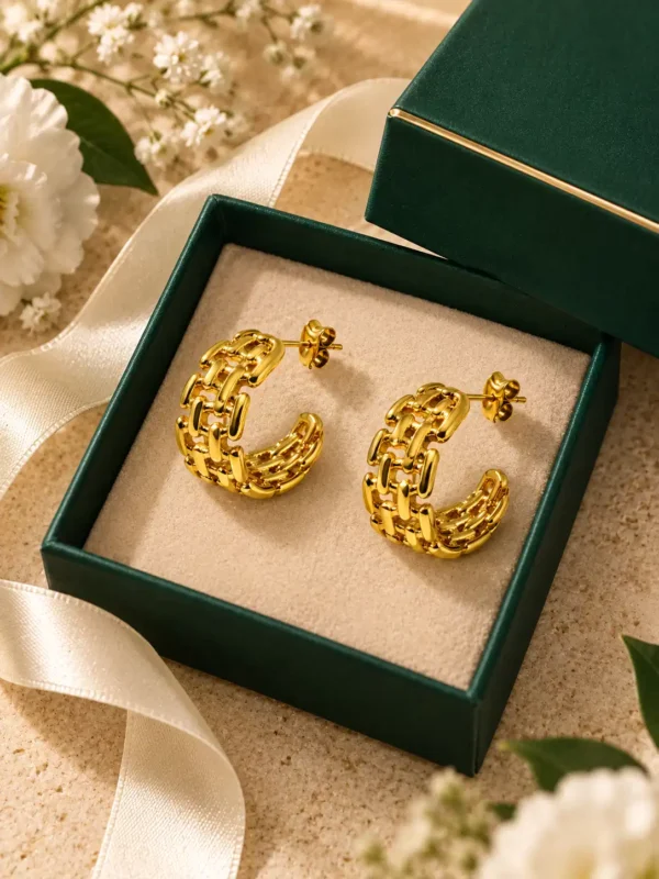 Anti-tarnish woven gold hoop earrings in green jewellery box with cream ribbon