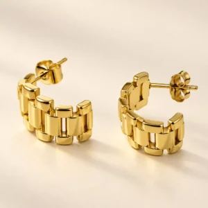 Elara anti-tarnish gold watch-link hoop earrings with segmented bracelet-inspired design