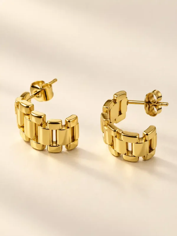 Elara anti-tarnish gold watch-link hoop earrings with segmented bracelet-inspired design