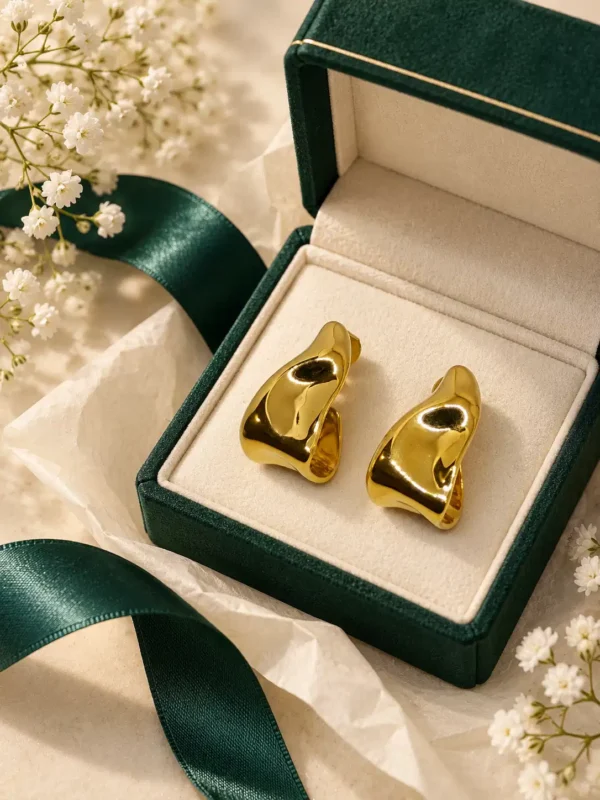 Amara molten gold half hoop earrings in luxury green jewellery box with floral styling