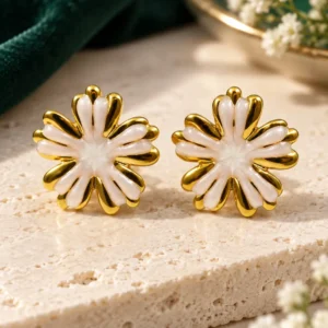 Aurelia Ivory Bloom anti-tarnish floral stud earrings with white enamel petals and polished gold-plated edges