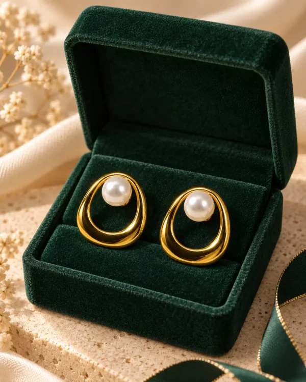 Elara gold pearl stud earrings displayed in a dark green jewellery box