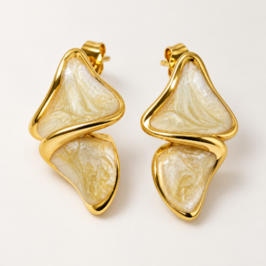 Aurelia Ripple gold stud earrings with pearlescent ivory double-panel design, front view