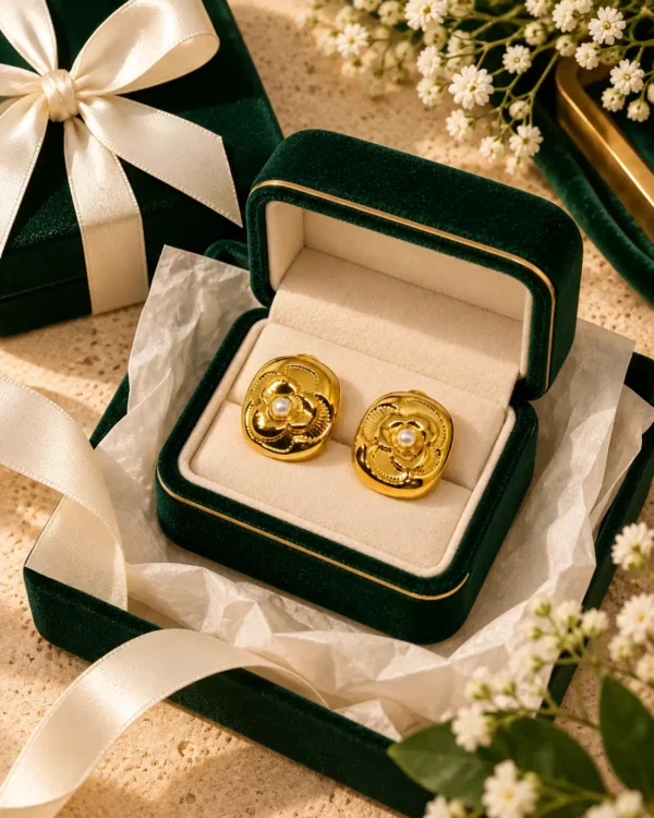 Camellia Pearl Bloom gold floral stud earrings displayed in an emerald jewellery gift box with ivory ribbon