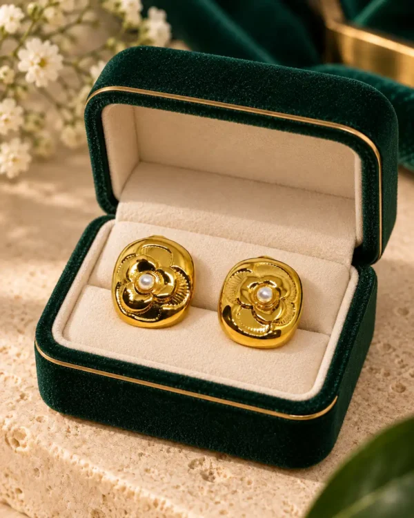 Camellia Pearl Bloom anti-tarnish floral stud earrings with pearl centres displayed in an emerald velvet jewellery box