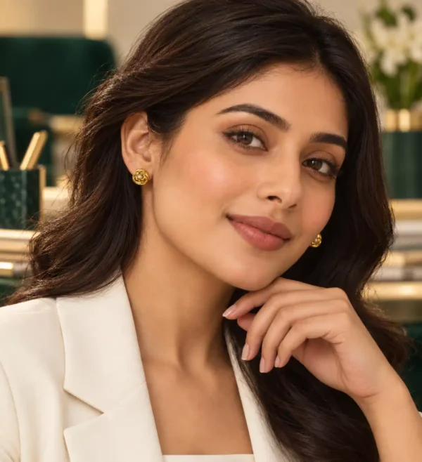 Woman wearing Camellia Pearl Bloom gold floral pearl stud earrings with a white blazer for an office-ready look