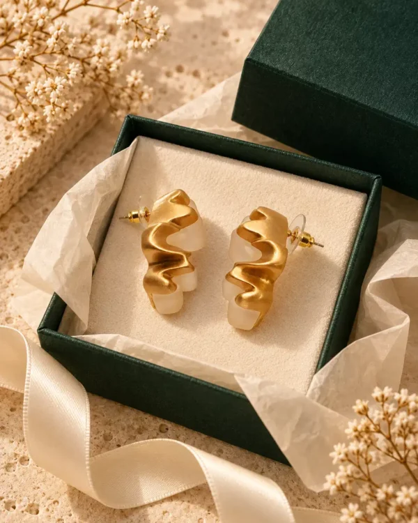 Gold and ivory sculptural earrings arranged in a jewellery gift box with ribbon and flowers