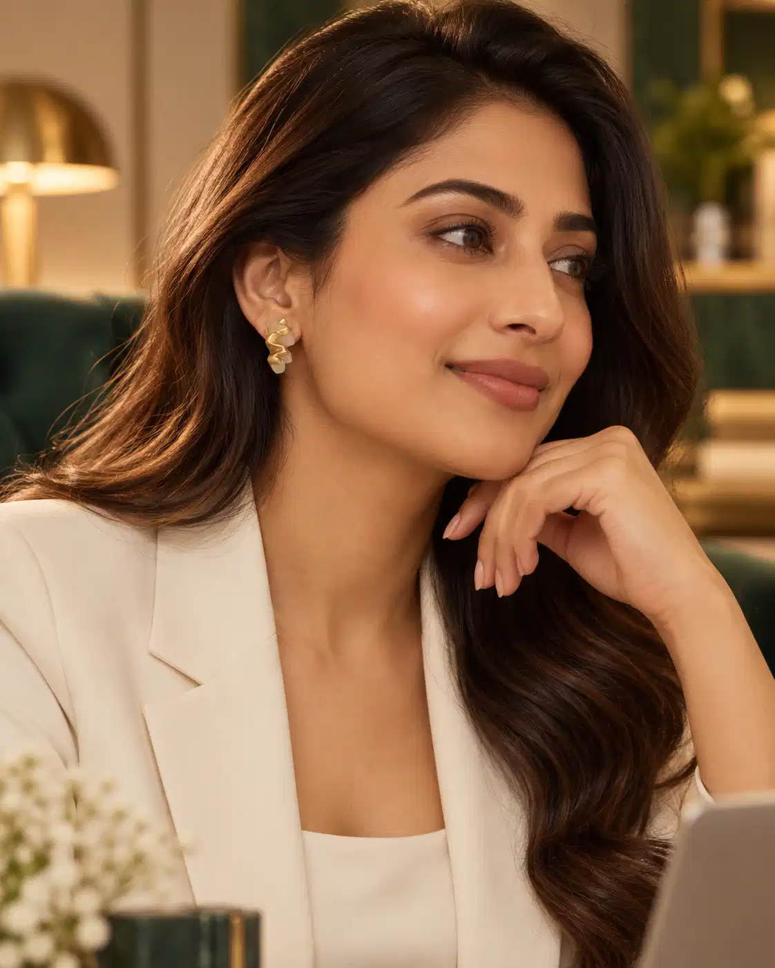 Woman wearing gold and ivory sculptural stud earrings with a cream blazer