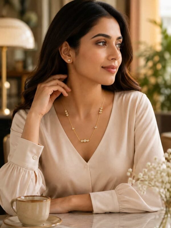 Woman styling Aurelia delicate gold-tone CZ necklace with cream blouse for an everyday café look