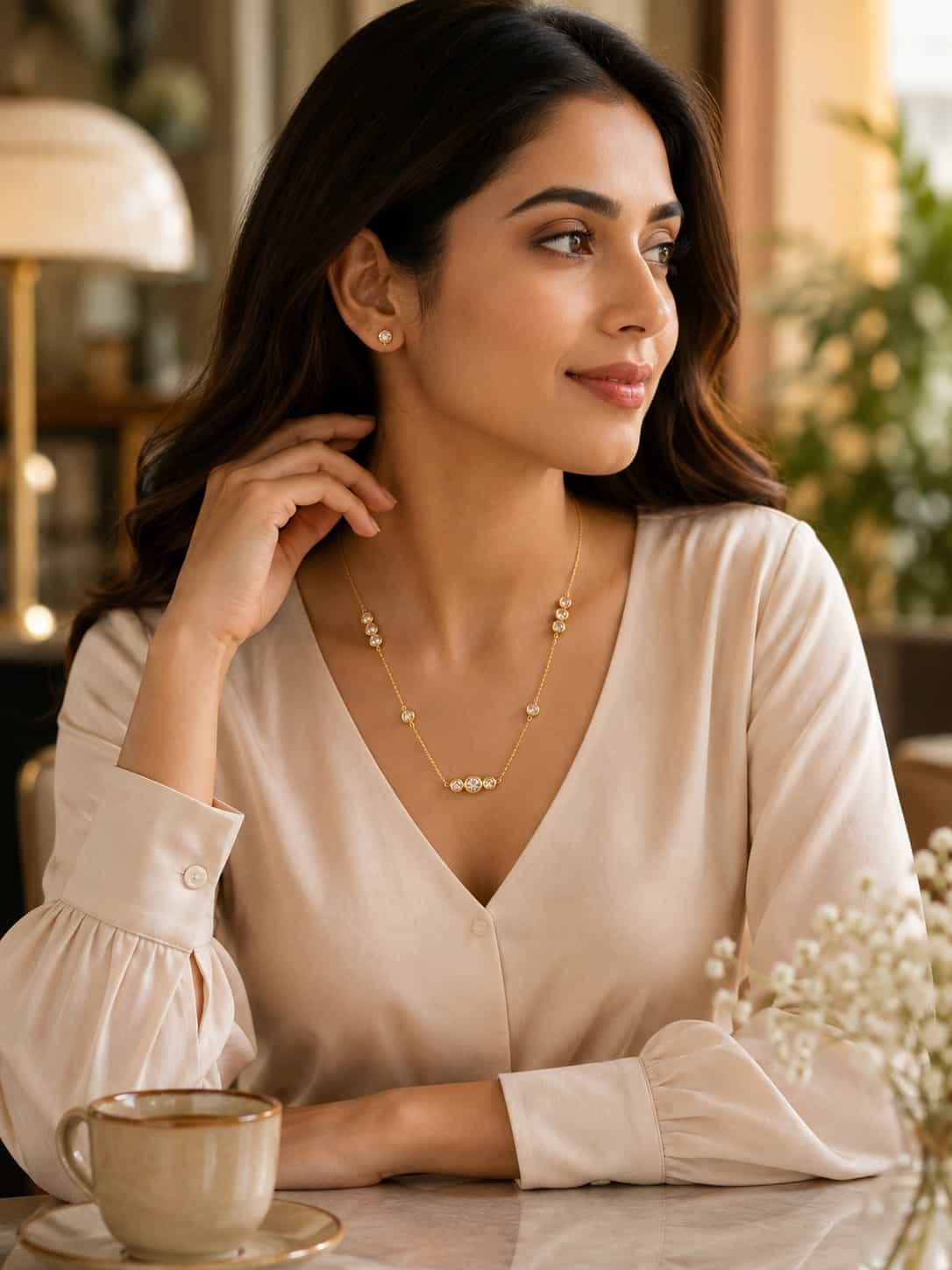 Woman styling Aurelia delicate gold-tone CZ necklace with cream blouse for an everyday café look