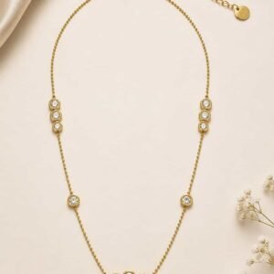 Aurelia gold-tone bezel station necklace with clear CZ stones, lobster clasp and adjustable extender chain