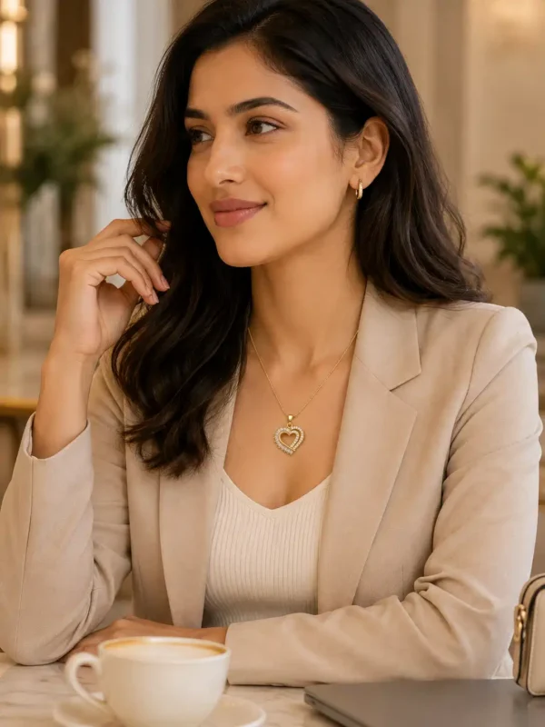 Woman styling Amoura heart pendant necklace with beige blazer for an elegant office look