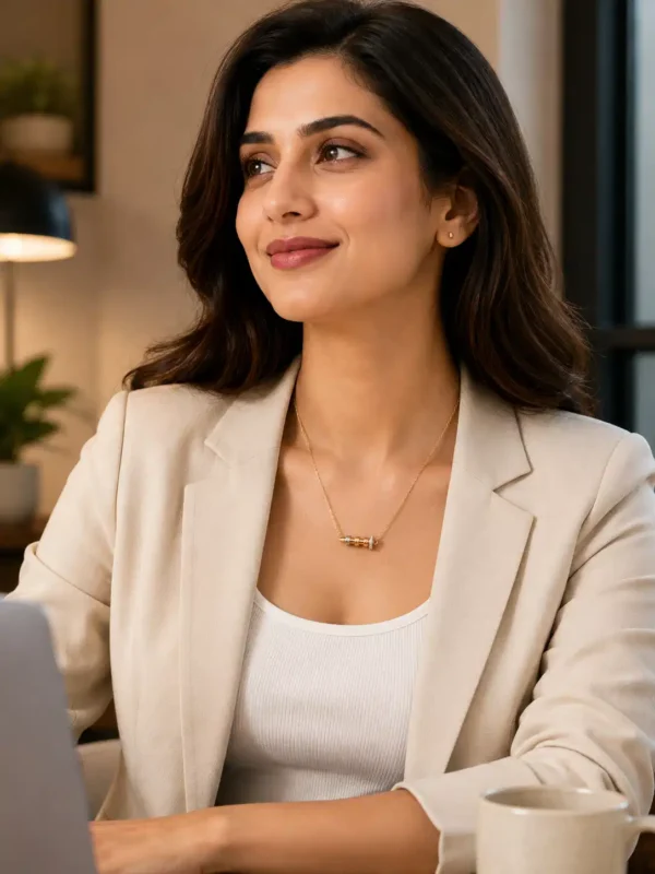 Woman wearing Veyra nail pendant necklace with beige blazer for a polished office look