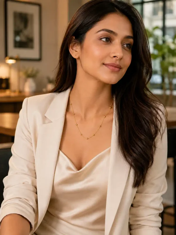Woman styling Solene gold bead necklace with cream blazer for a minimal office wear look