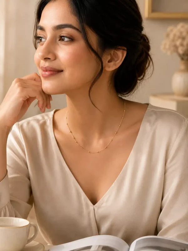 Woman styling Evara dainty gold bead chain necklace with cream blouse for an everyday look