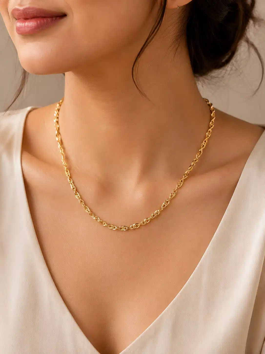 Woman wearing Mirelle textured gold twist-link necklace with a cream V-neck top