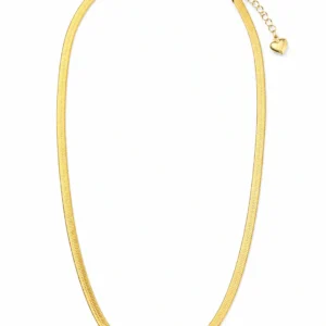 Gold-tone flat snake chain necklace for women with herringbone-style finish, adjustable extension chain and heart charm