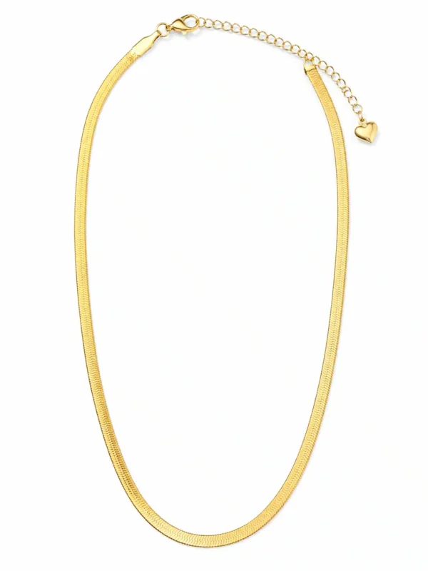 Gold-tone flat snake chain necklace for women with herringbone-style finish, adjustable extension chain and heart charm