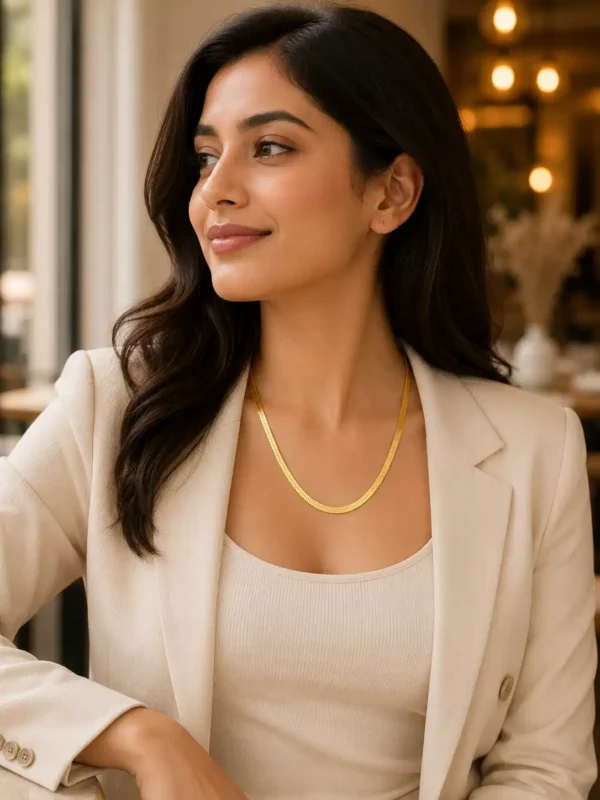 Woman styling a flat gold snake chain necklace with a white blazer for a polished office wear look.