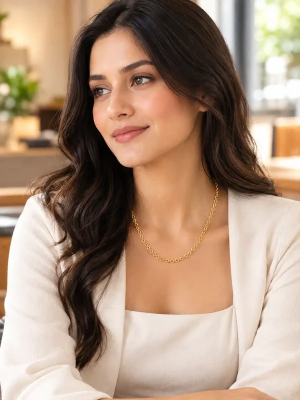 Woman styling Aurelia anti-tarnish gold loop chain necklace with white blazer for an elegant office wear look