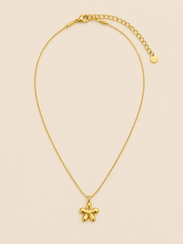 Full view of Aurelia Bloom gold floral pendant necklace with extension chain