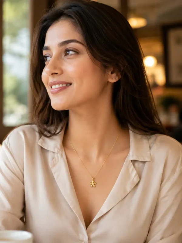 Woman styling Aurelia Bloom gold pendant necklace with an office outfit