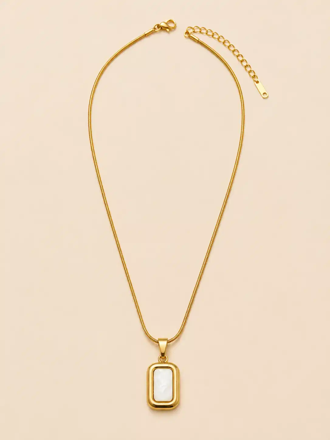 Full gold mother of pearl pendant necklace with slim snake chain, lobster clasp and adjustable extender