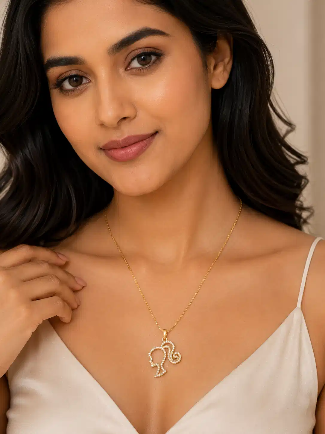 Woman wearing Muse gold-tone crystal silhouette pendant necklace showing everyday neckline length and pendant size