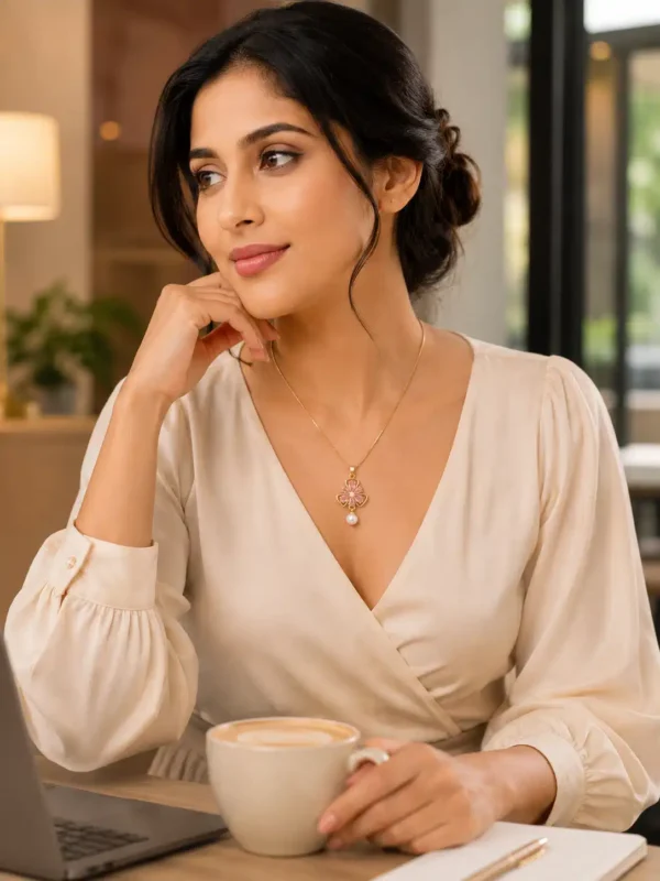 Woman styling pink crystal flower and pearl pendant necklace with an elegant office outfit