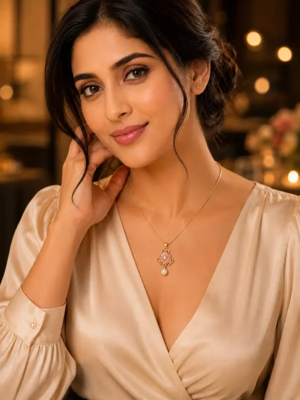 Woman wearing Rosé Bloom pink crystal pearl drop necklace for an elegant evening look
