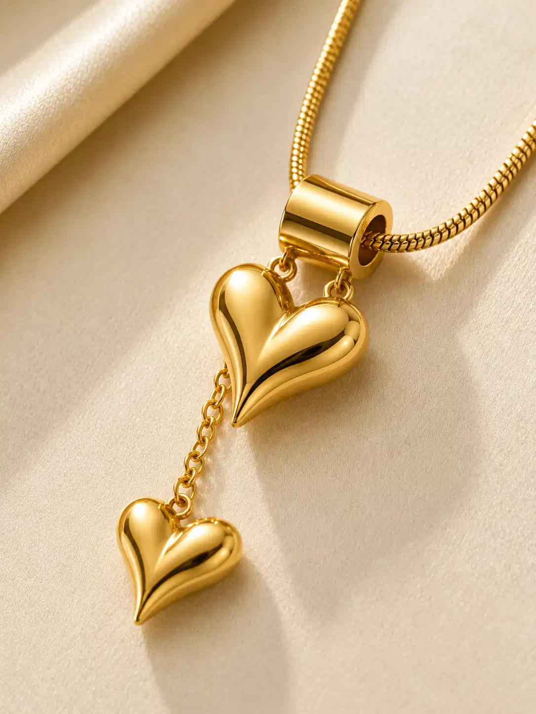 Close-up of gold double puffy heart pendant with smaller dangling heart on snake chain