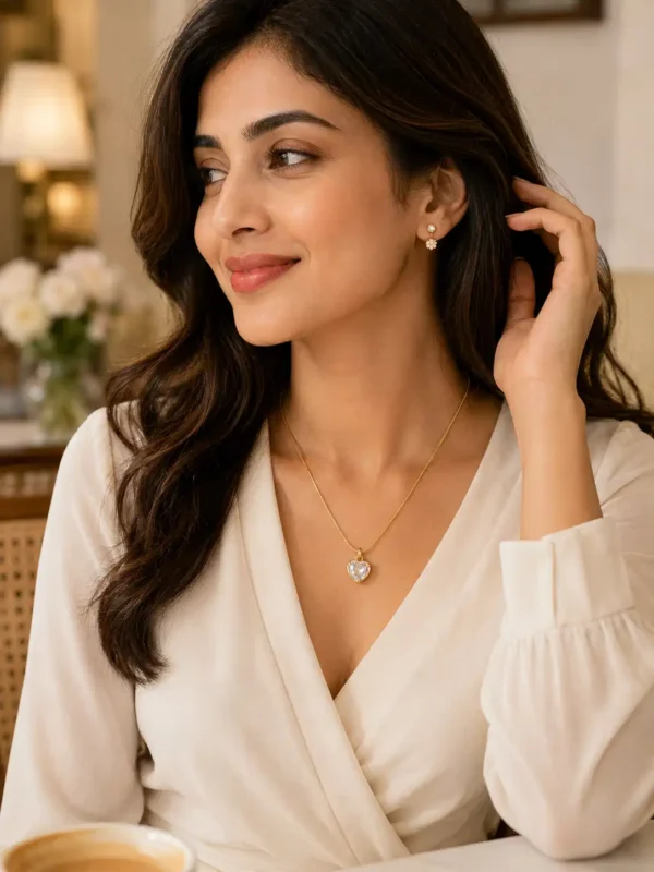 Woman wearing Amora gold-tone crystal heart necklace with a white outfit for an elegant everyday look