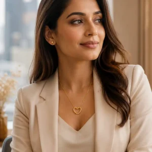 Woman wearing Elara anti tarnish gold twisted heart necklace with cream blazer