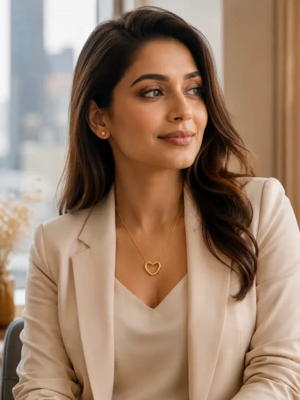 Woman wearing Elara anti tarnish gold twisted heart necklace with cream blazer