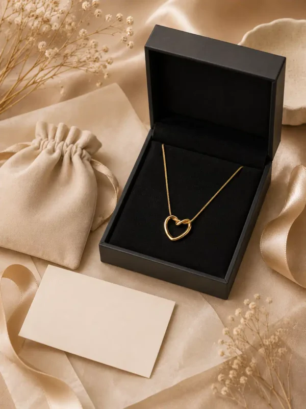 Elara twisted heart necklace in jewellery box with gift pouch and card