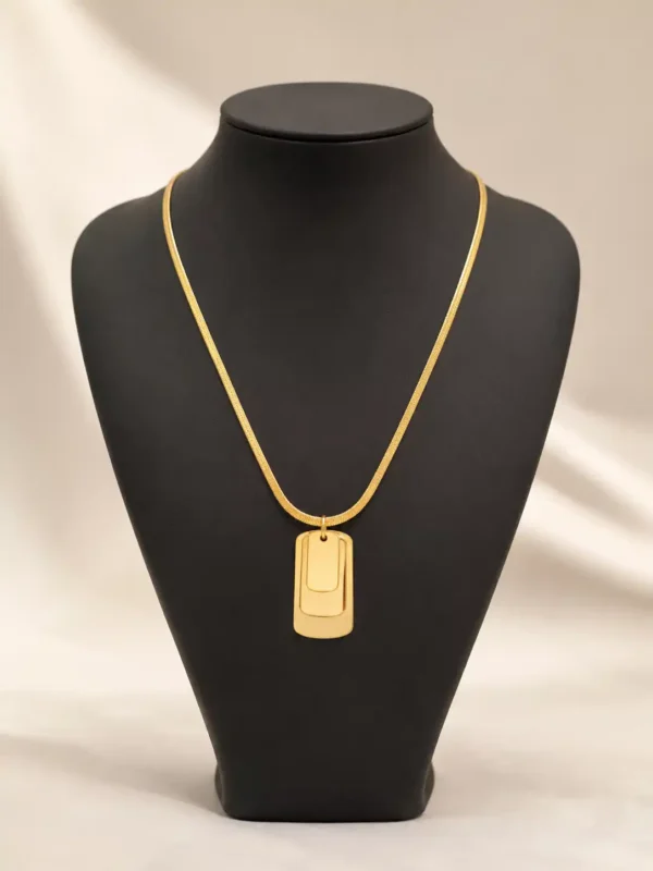 Linea gold-tone layered rectangular pendant necklace on a black jewellery bust, showing the full snake chain and three stacked pendant plates