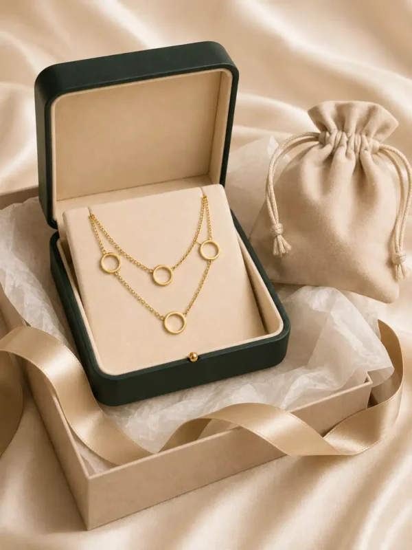 Gold dual-layer circle necklace in a jewellery box with pouch, ribbon and elegant gift packaging