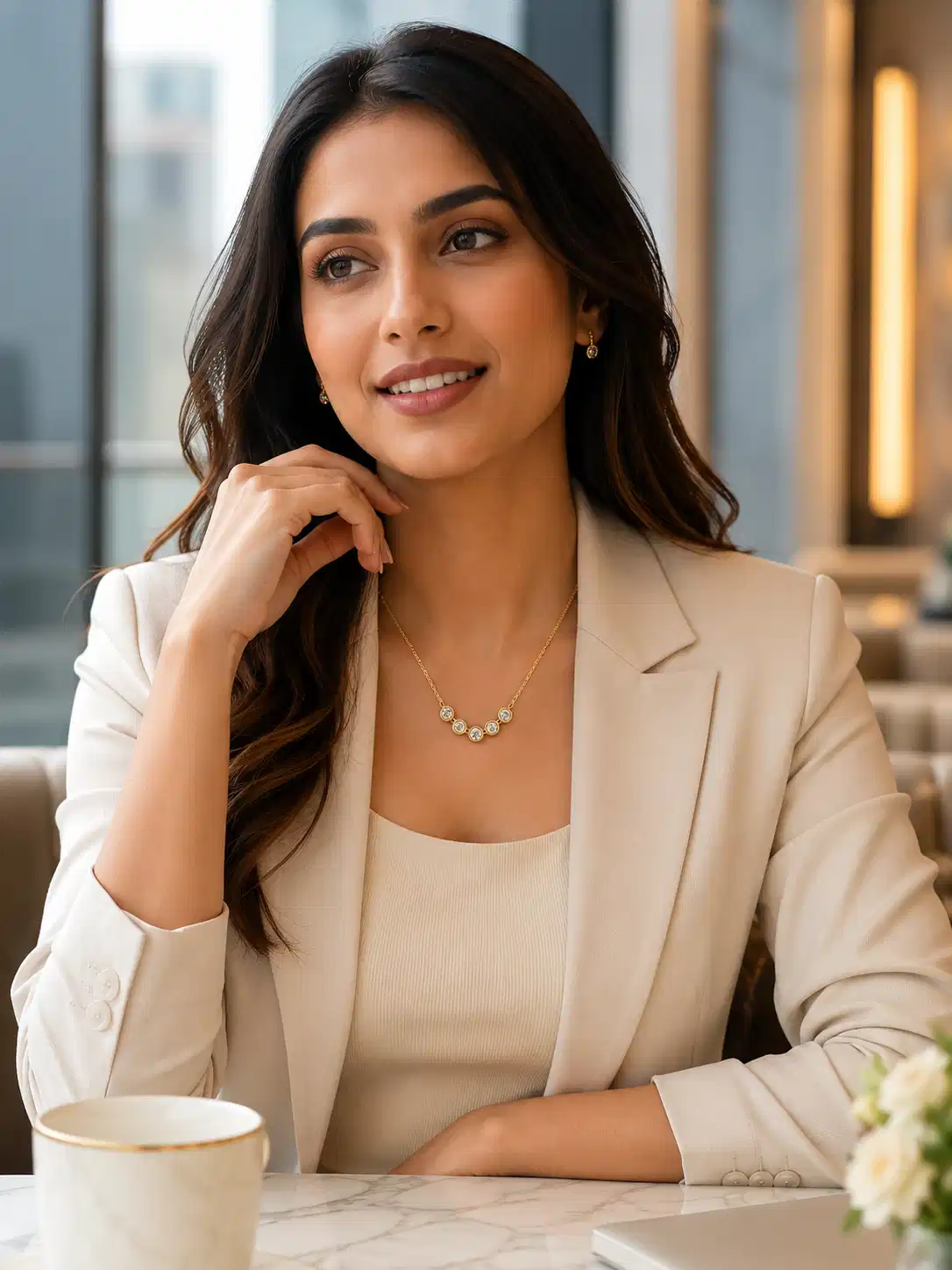 Woman in a cream blazer wearing the Aurelia five-stone crystal necklace as minimal office jewellery