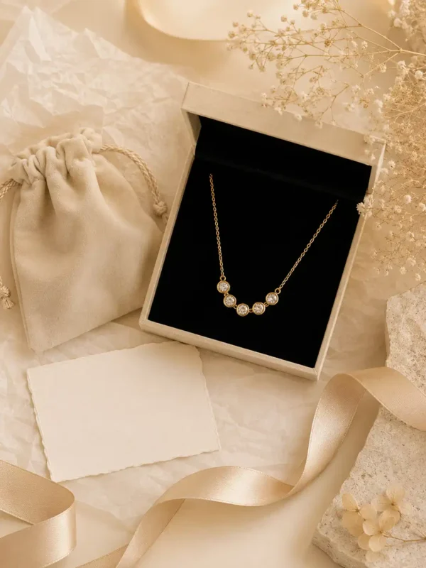 Aurelia five-stone crystal necklace in a gift box with pouch, ribbon and dried floral styling