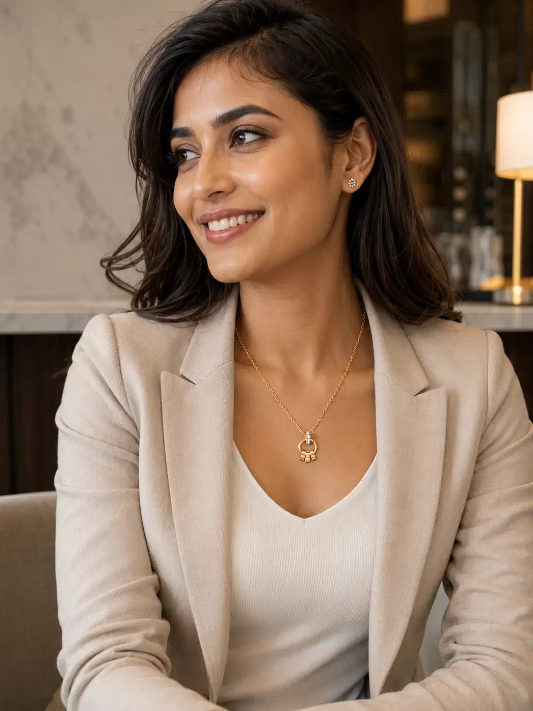 Woman wearing Elara anti-tarnish gold pendant necklace with beige blazer for office wear