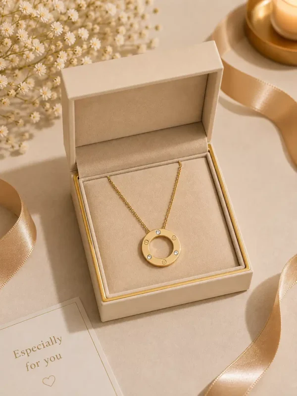 Gold crystal circle pendant necklace displayed in beige jewellery gift box