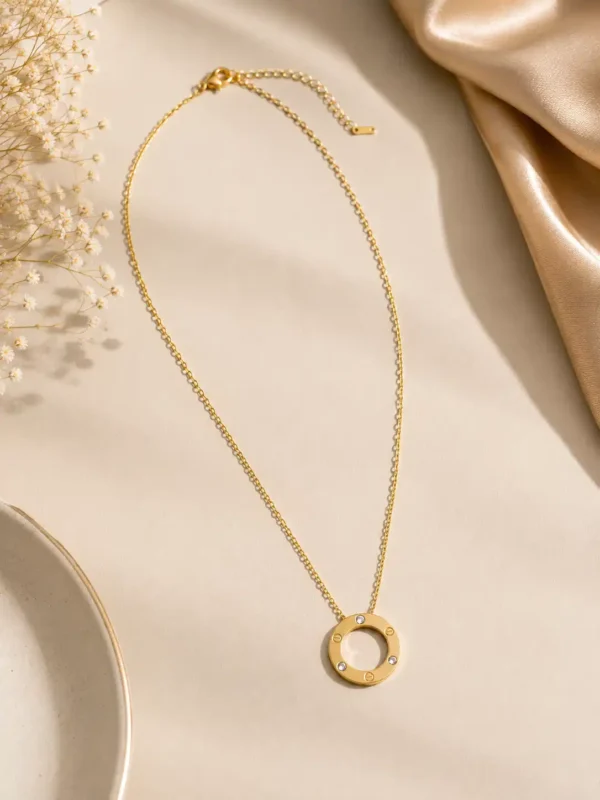 Full gold circle pendant necklace with link chain, lobster clasp and extension chain