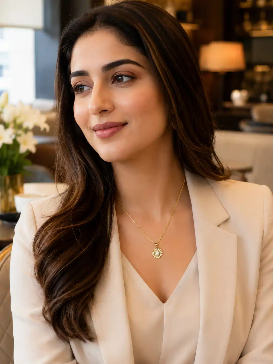 Woman wearing Aurelia pearl flower pendant necklace with cream blazer